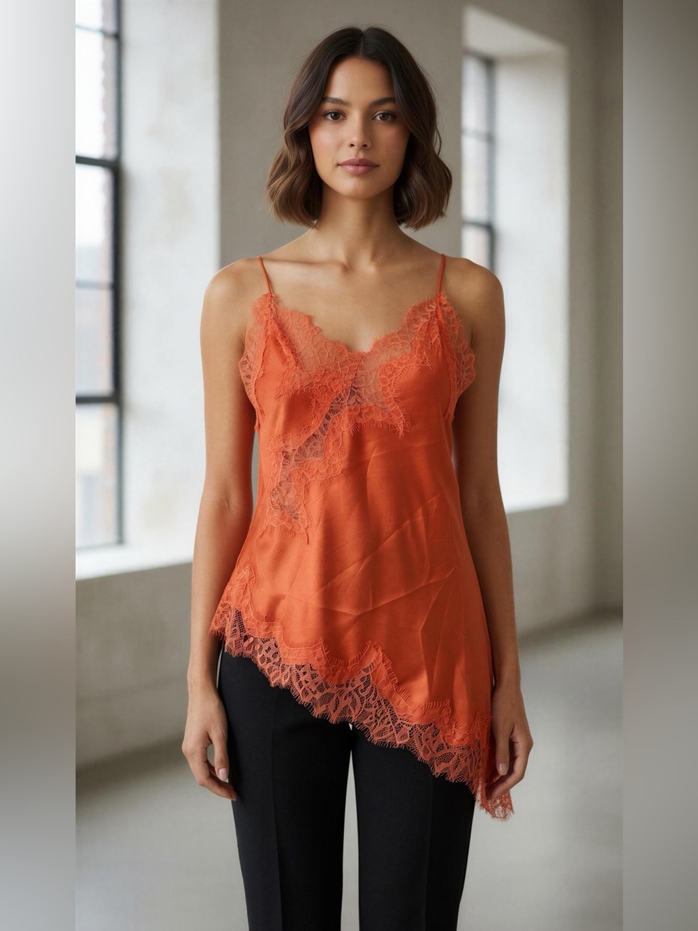 Silk Lace Trim Asymmetrical Cami Tank in Orange feminine romantic